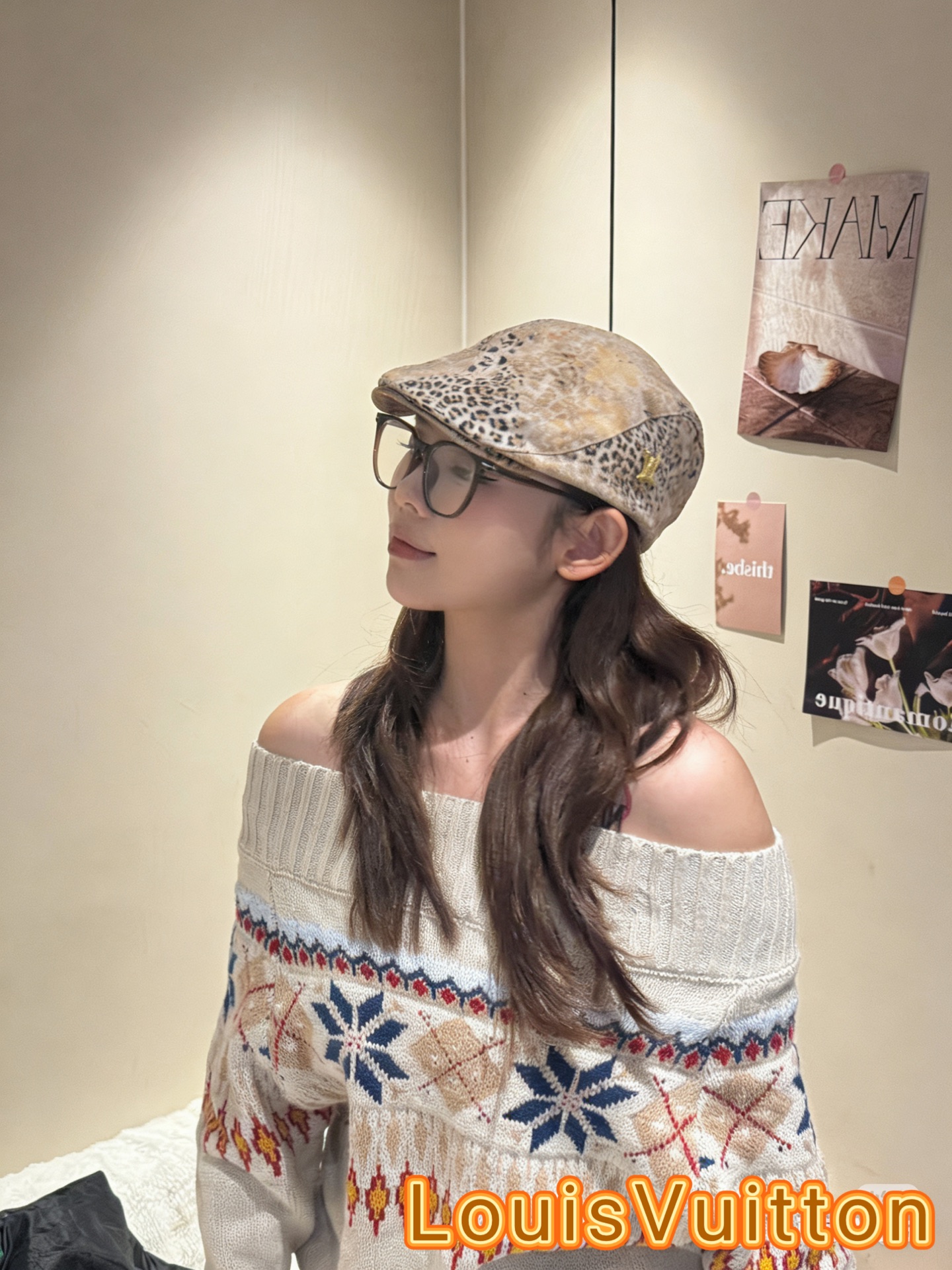 Lv路易威登时髦街头豹纹蕾丝拼接做旧破洞前进帽女辣妹透气显脸小贝雷帽子夏