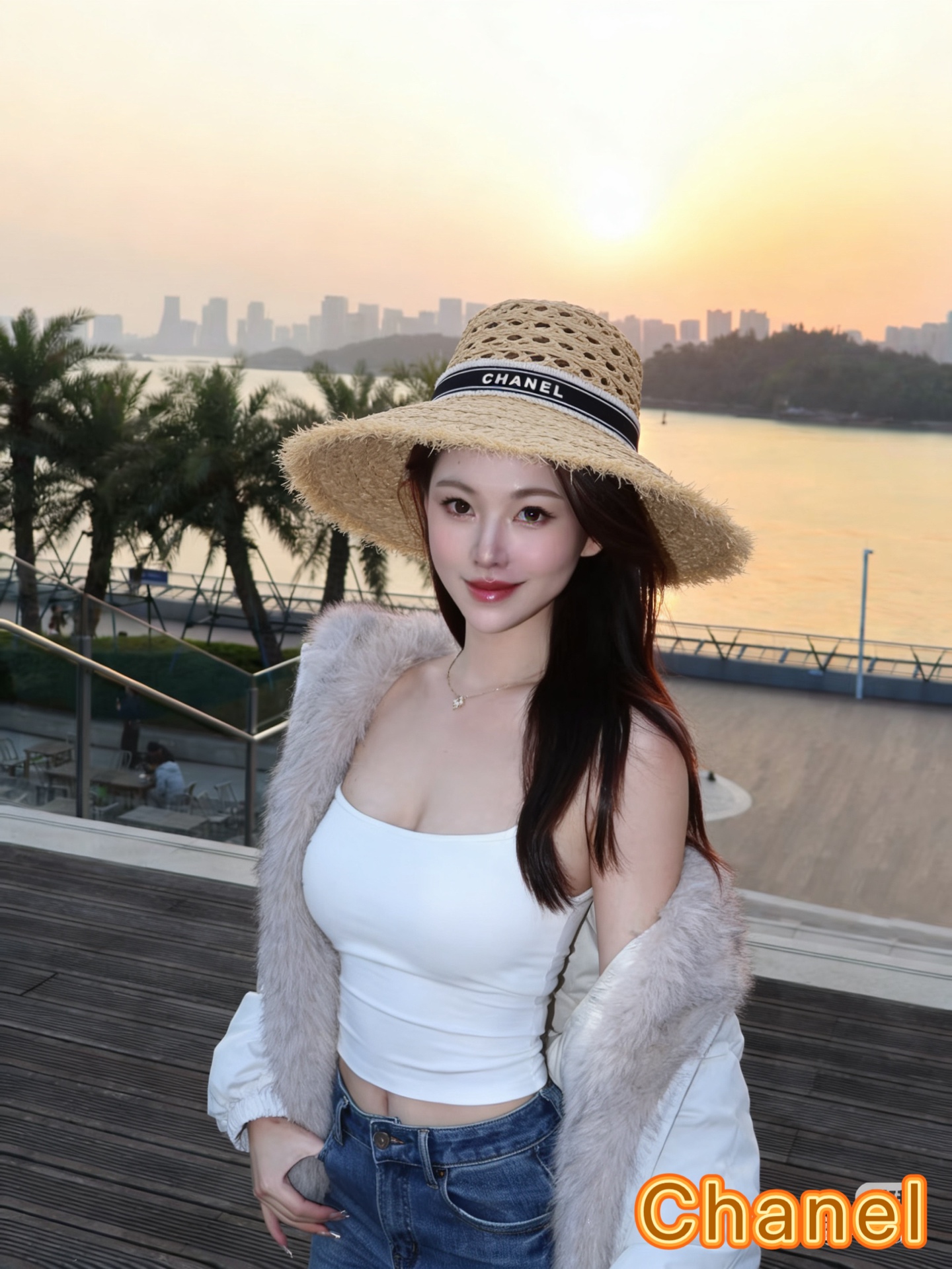 Chanel香奈儿拉菲草帽，遮阳大草帽，头围57cm