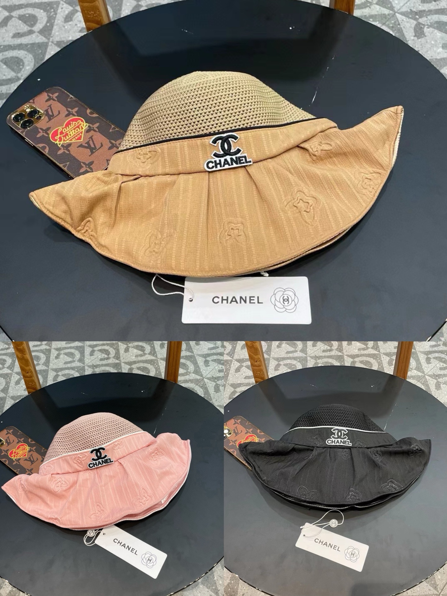 Chanel香奈儿 春夏新款帽子女时尚百搭蝴蝶结彩胶防晒遮阳帽夏季压花大沿太阳帽