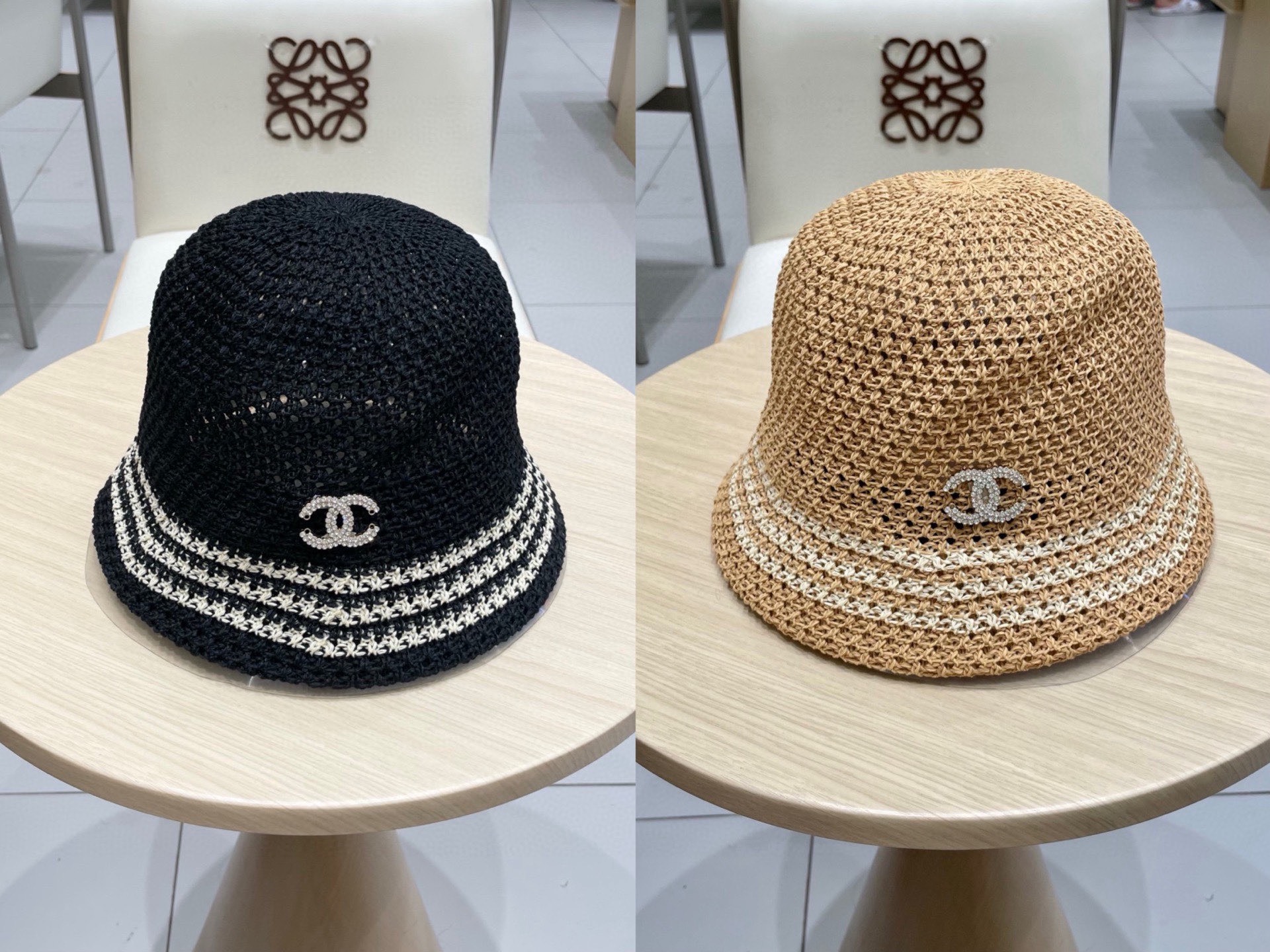 chanel香奈儿手工钩织帽子女韩版百搭镂空透气夏天薄款条纹遮阳草编盆帽水桶帽