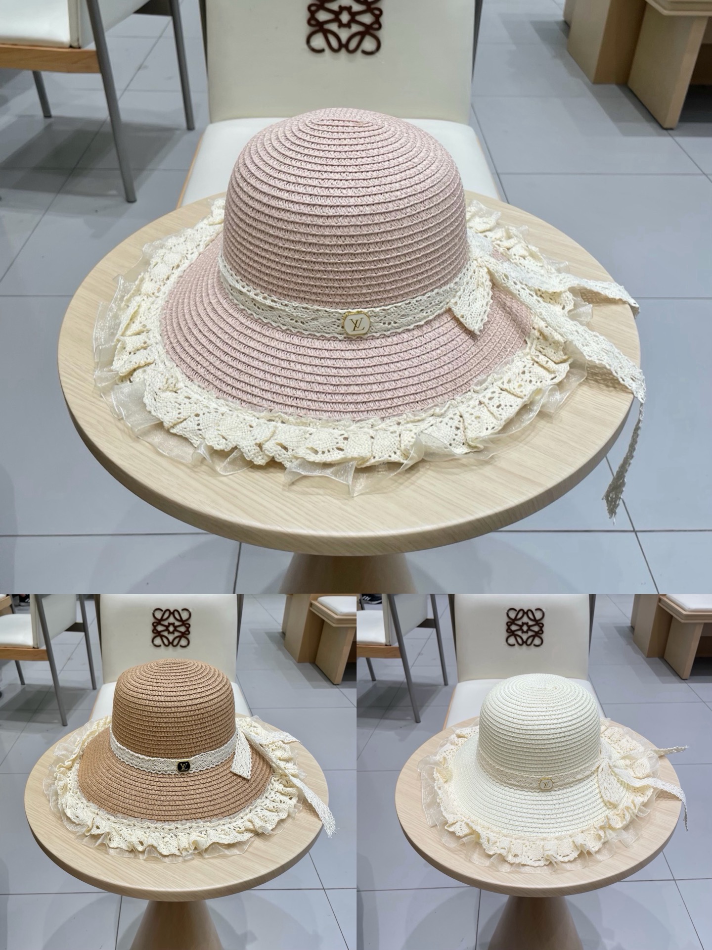 🧢路易威登棒球帽 LouisVuitton😍草帽女蕾丝蝴蝶结遮阳帽户外出游度假太阳帽沙滩防晒帽百搭渔夫帽