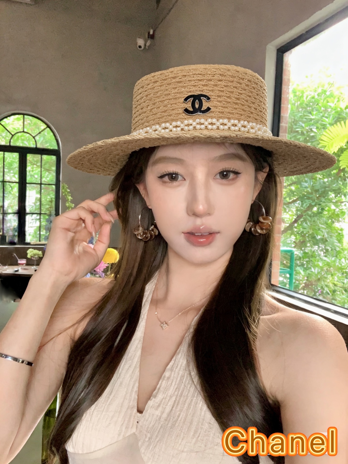Chanel香奈儿法式名媛风平顶草帽子女夏季新款优雅珍珠海边沙滩度假遮阳防晒帽