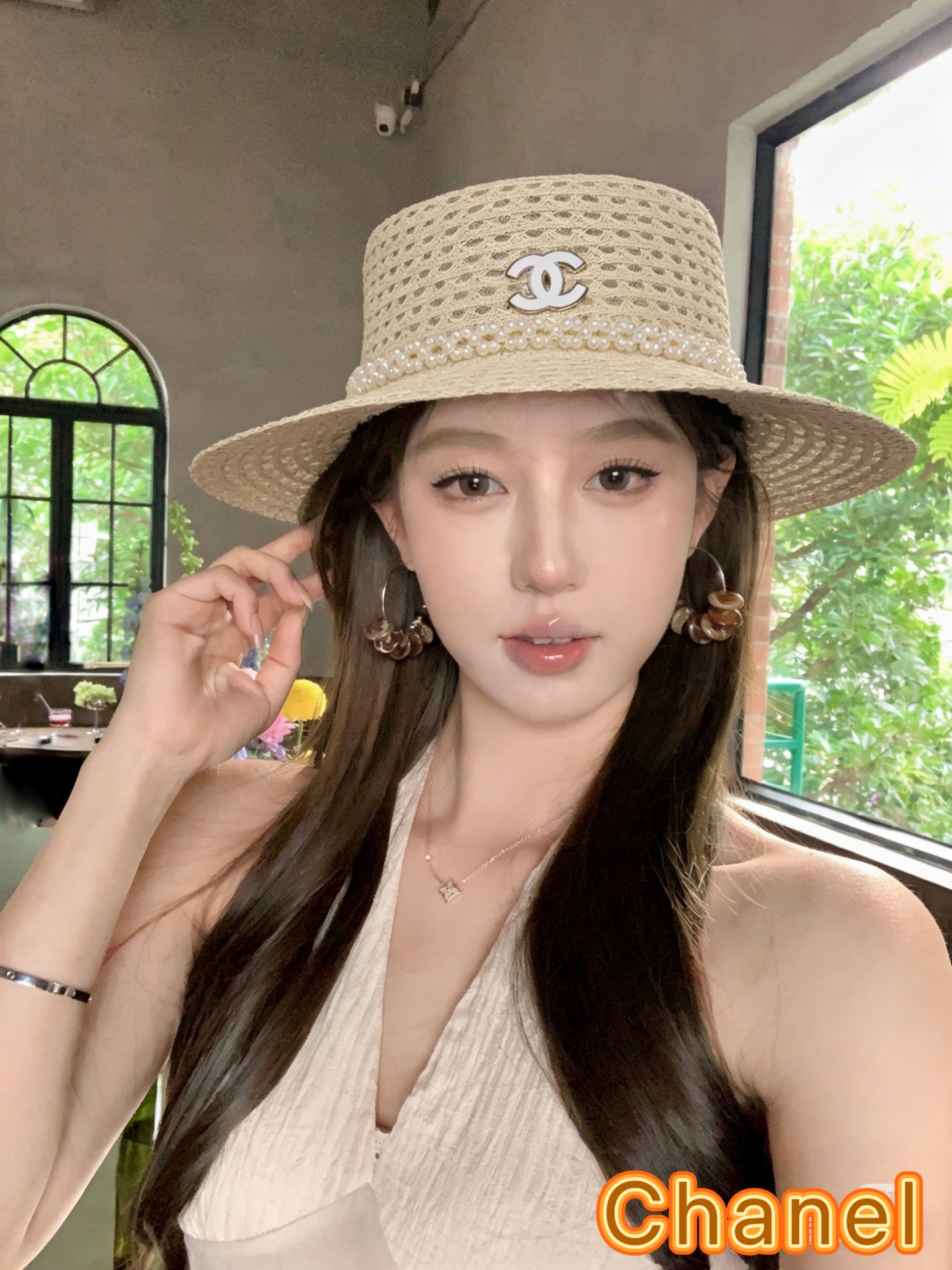Chanel香奈儿法式名媛风平顶草帽子女夏季新款优雅珍珠海边沙滩度假遮阳防晒帽