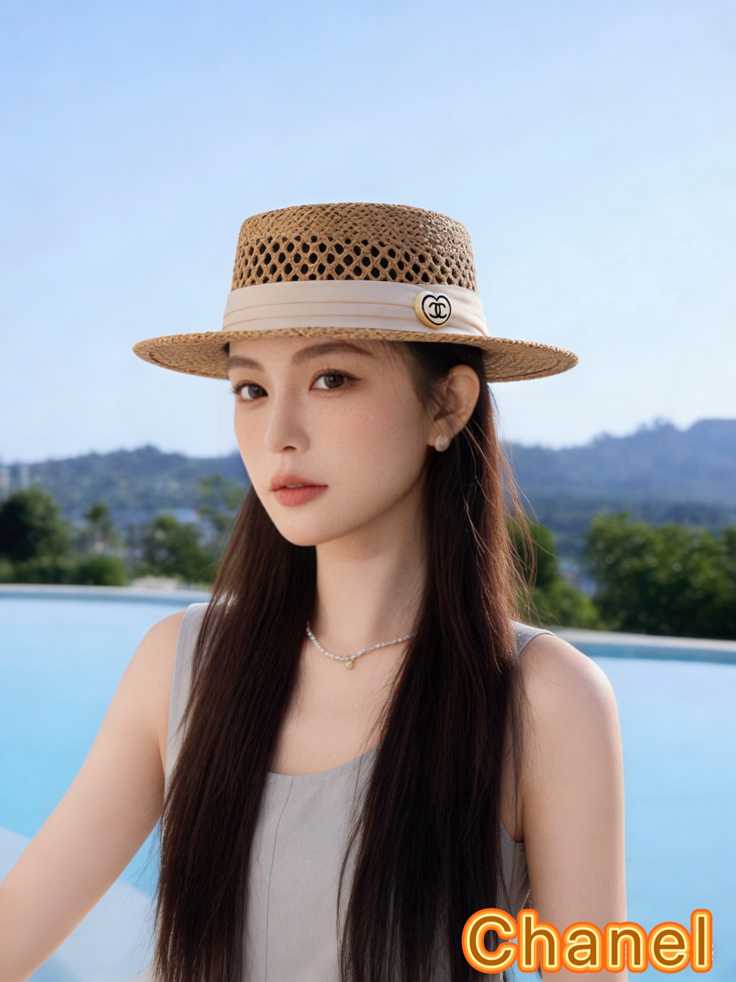 Chanel香奈儿法式草编平顶帽子女春夏镂空遮阳帽度假防晒草帽英伦风优雅小礼帽