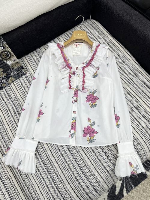 Chanel 2025 Vintage Floral Ruffle Blouse, Elegant White Shirt 1 Chanel 2025 Vintage Floral Ruffle Blouse, Elegant White Shirt