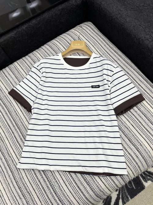 Miu Miu Reversible Striped Cotton T-Shirt Round Neck Short Sleeve 1 Miu Miu Reversible Striped Cotton T-Shirt Round Neck Short Sleeve