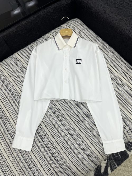 Miu Miu Ribbed Knit Cropped Shirt with Embroidered Logo - Women's White 1 Miu Miu Ribbed Knit Cropped Shirt with Embroidered Logo - Women's White