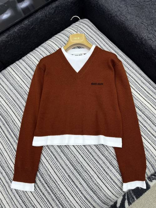Miu Miu Women's Brown V-Neck Logo Short Sweater, Long Sleeve Pullover 1 Miu Miu Women's Brown V-Neck Logo Short Sweater, Long Sleeve Pullover