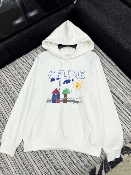 Celine Women's White Cotton Fleece Hoodie With Cartoon Print 1 Celine Women's White Cotton Fleece Hoodie With Cartoon Print