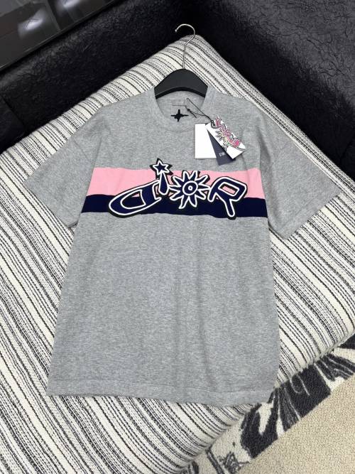Dior Women's Gray Cotton T-Shirt with Embroidered Logo - Casual Short Sleeve Top 1 Dior Women's Gray Cotton T-Shirt with Embroidered Logo - Casual Short Sleeve Top