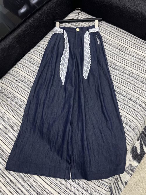 Chanel Denim Pants with Lace Waistband, High Waist, Wide Leg - Blue 1 Chanel Denim Pants with Lace Waistband, High Waist, Wide Leg - Blue