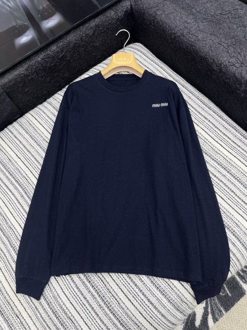 Miu Miu Women's Navy Blue Long Sleeve Round Neck T-Shirt, Casual and Stylish 1 Miu Miu Women's Navy Blue Long Sleeve Round Neck T-Shirt, Casual and Stylish