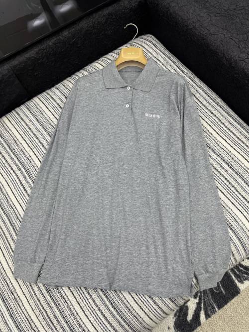 Miu Miu Women's Gray Long Sleeve Polo Shirt Comfortable Cotton Blend 1 Miu Miu Women's Gray Long Sleeve Polo Shirt Comfortable Cotton Blend
