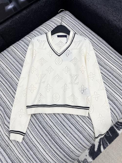 Louis Vuitton Women's White Monogram V-Neck Long Sleeve Knit Top 1 Louis Vuitton Women's White Monogram V-Neck Long Sleeve Knit Top