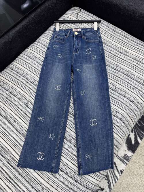 Chanel Women's Rhinestone Embellished Jeans Wide Leg Denim Pants 1 Chanel Women's Rhinestone Embellished Jeans Wide Leg Denim Pants