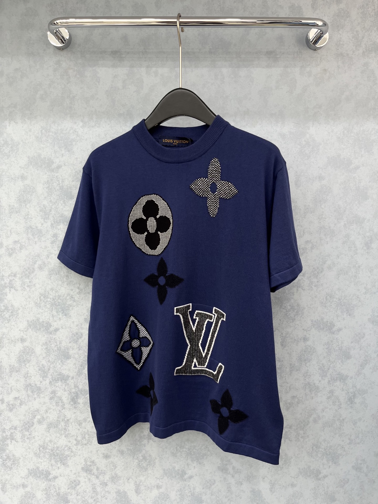 Louis Vuitton 2025 Blue Jacquard Short Sleeve T-Shirt With Floral Logo
