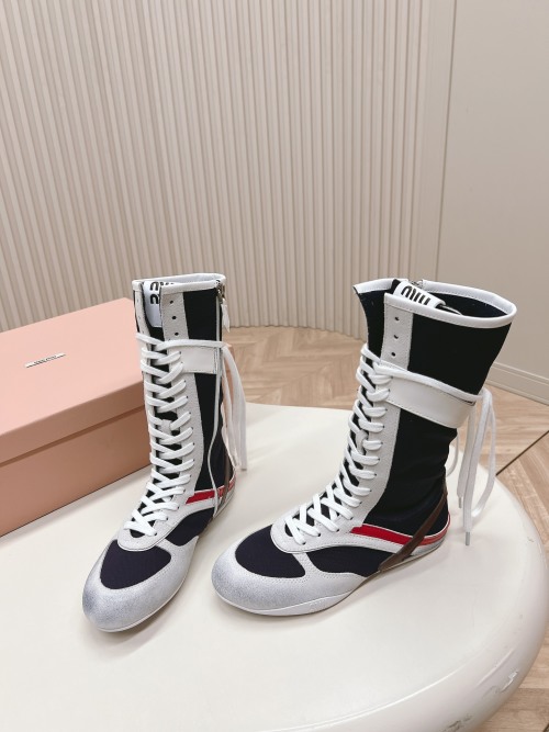 Miu Miu Women's Lace-Up Boxer Boots Suede and Fabric High-Top Sneakers 1 Miu Miu Women's Lace-Up Boxer Boots Suede and Fabric High-Top Sneakers