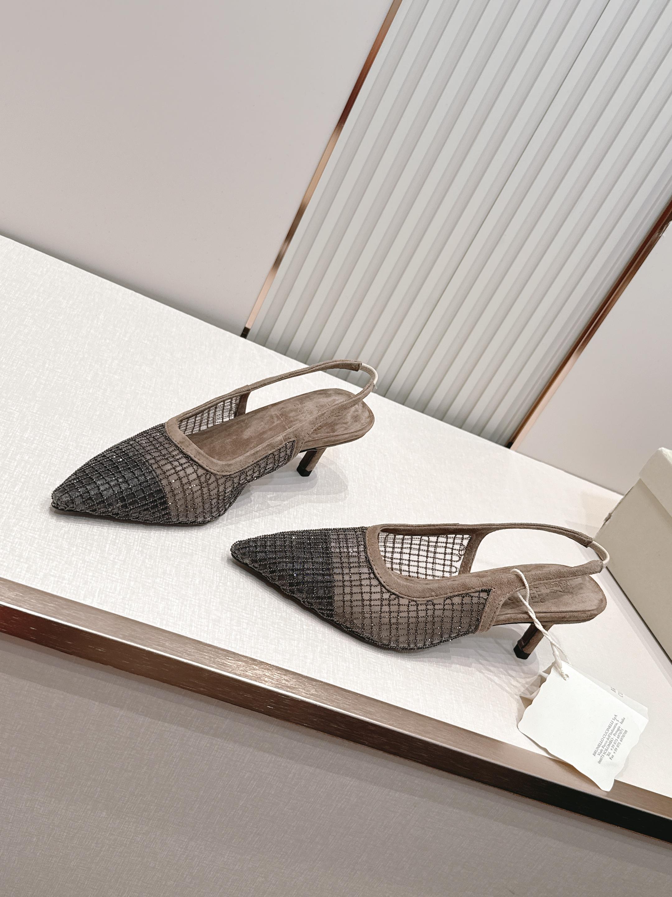 Brunello Cucinelli 26ss女士镶珠装饰休闲穆勒拖鞋凉鞋 BC新款新品女士条纹麂皮穆勒