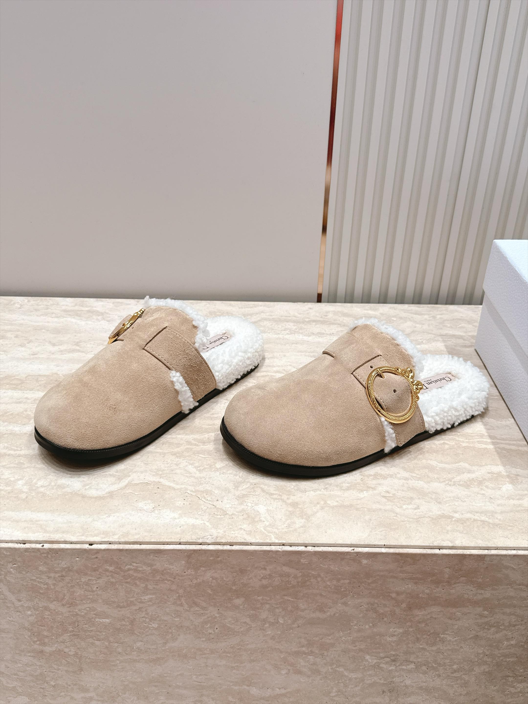 Dior Beige Fuzzy Trim Buckle Clogs