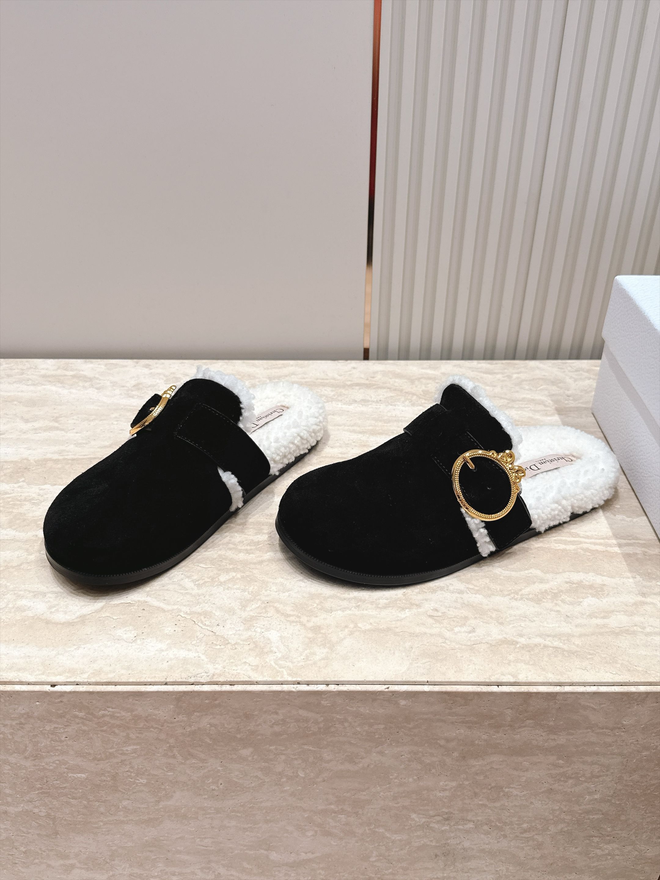 Dior Black Fuzzy Trim Buckle Clogs