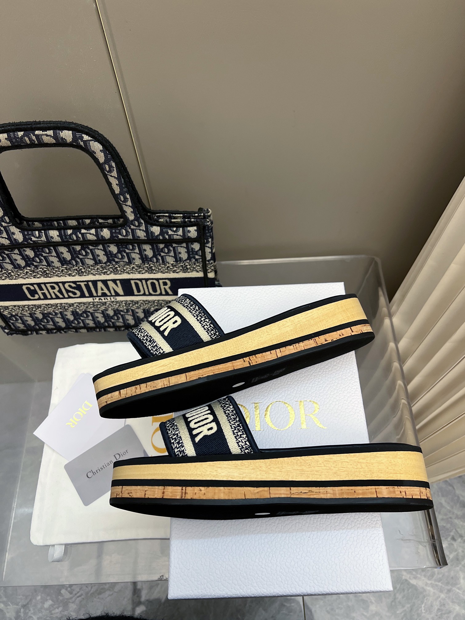Dior Women's Dway Slide Sandal in Blue Dior Oblique Embroidery, Wood Platform 7 a1740353691024 8325