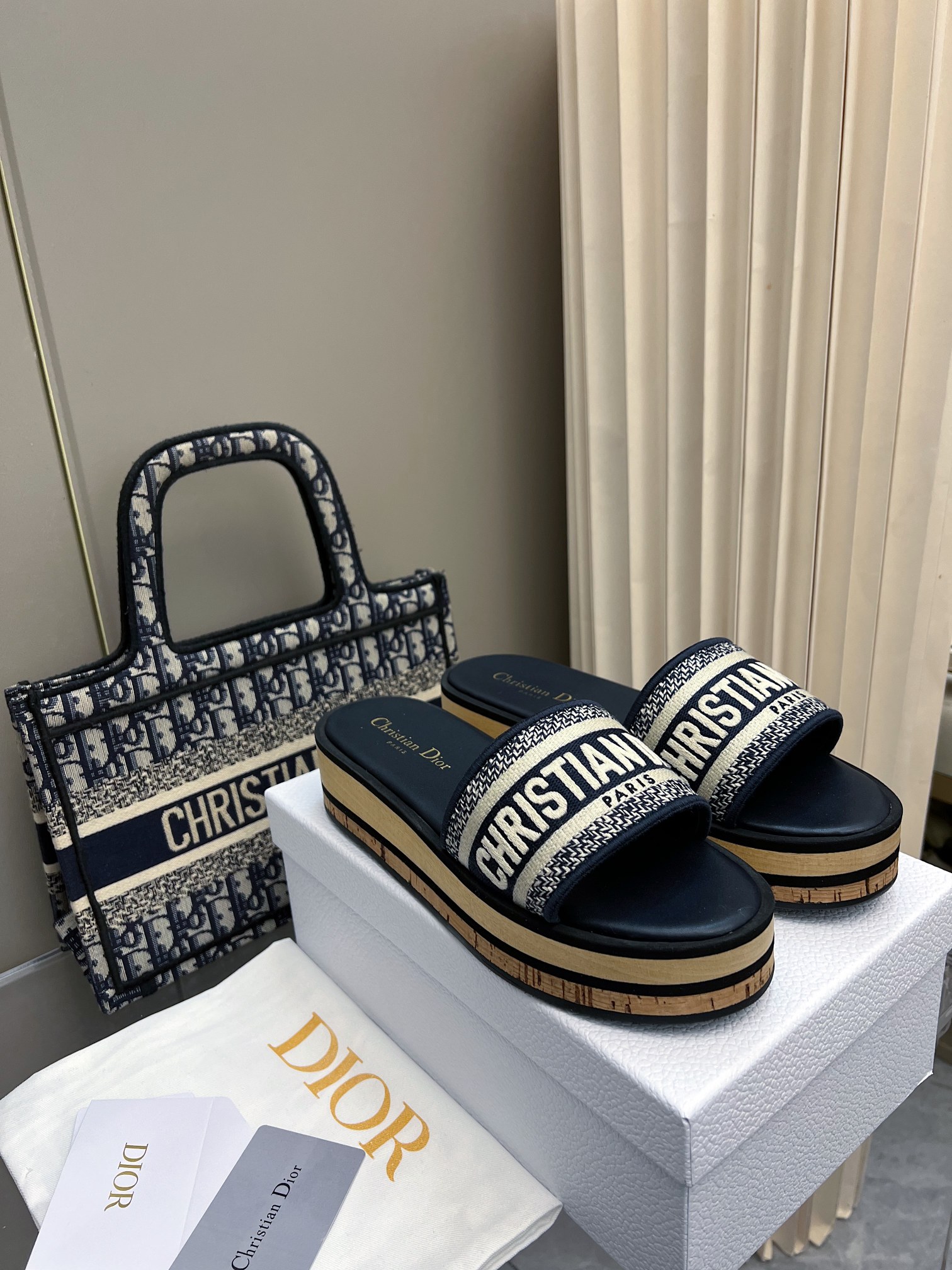 Dior Women's Dway Slide Sandal in Blue Dior Oblique Embroidery, Wood Platform 3 a1740353691266 0867