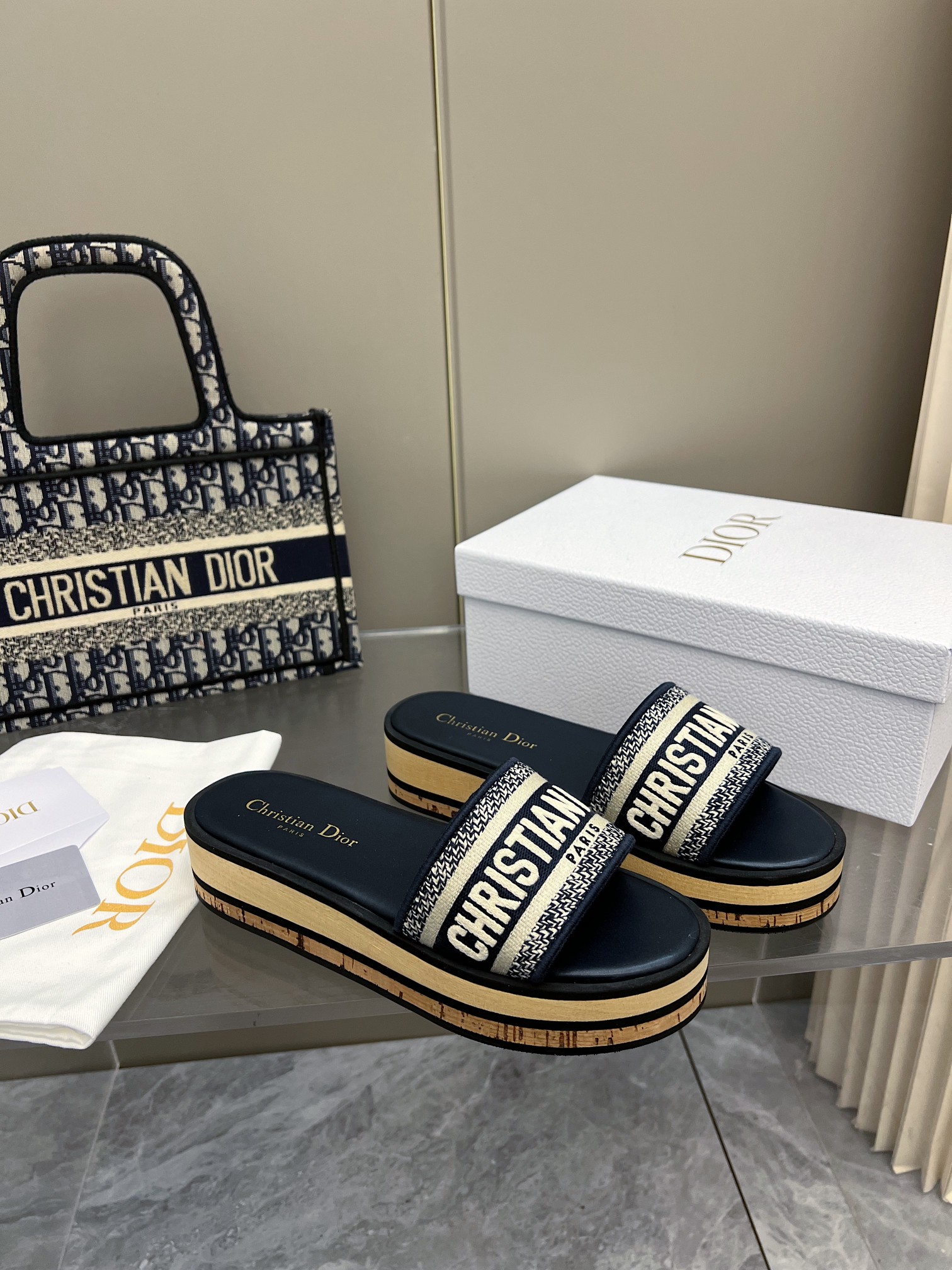 Dior Women's Dway Slide Sandal in Blue Dior Oblique Embroidery, Wood Platform 8 a1740353692900 1118