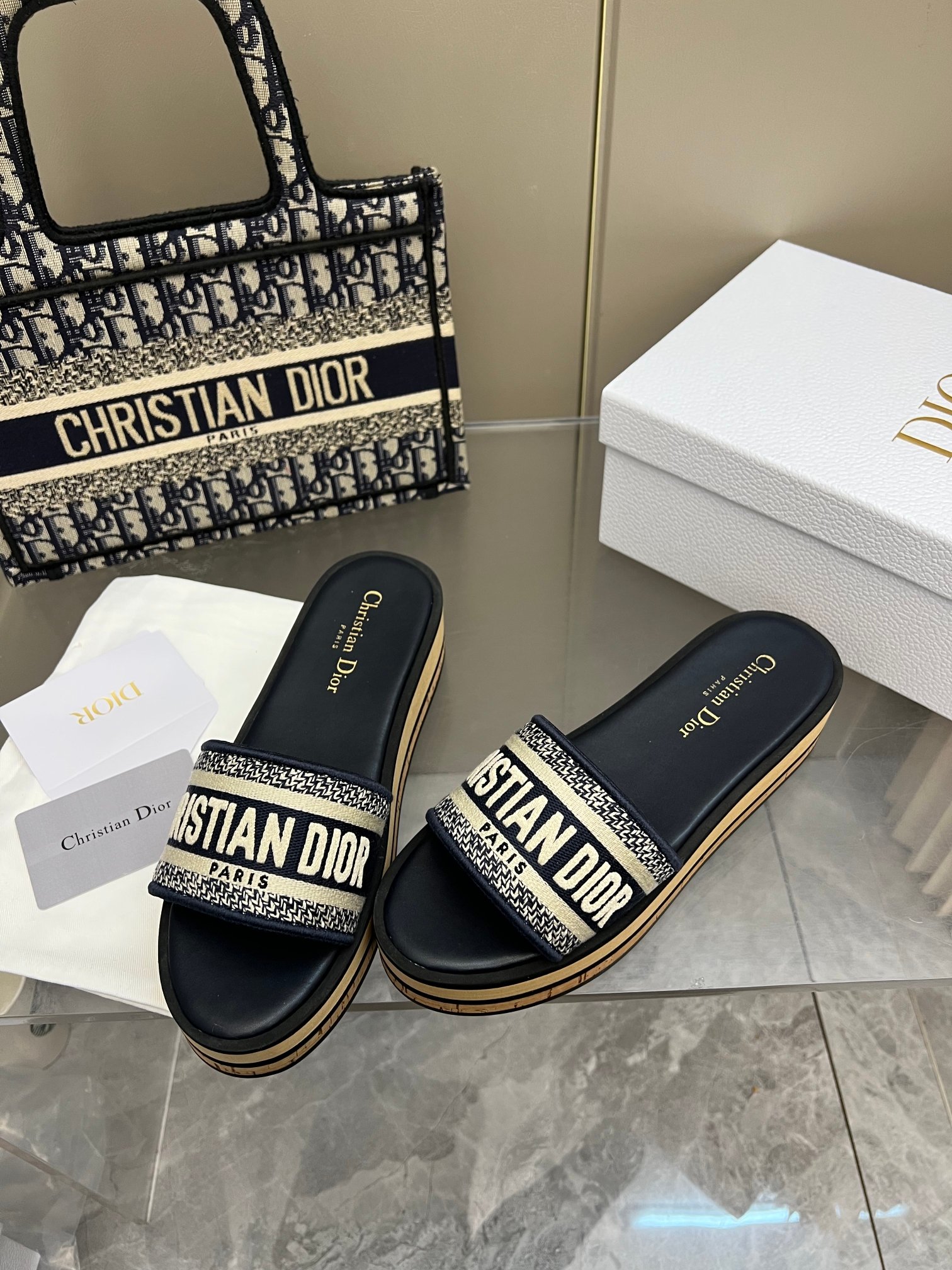 Dior Women's Dway Slide Sandal in Blue Dior Oblique Embroidery, Wood Platform 10 a1740353693015 1725