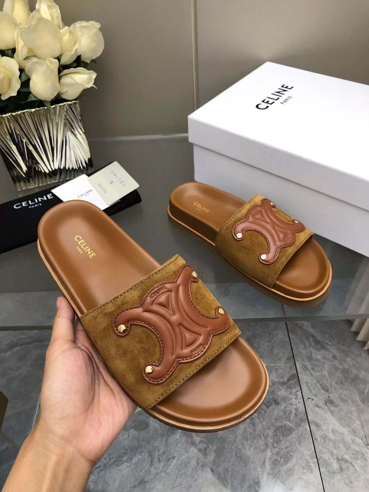 Celine Women's Triomphe Logo Slide Sandals | Luxurious & Comfortable 1 Celine Women's Triomphe Logo Slide Sandals | Luxurious & Comfortable