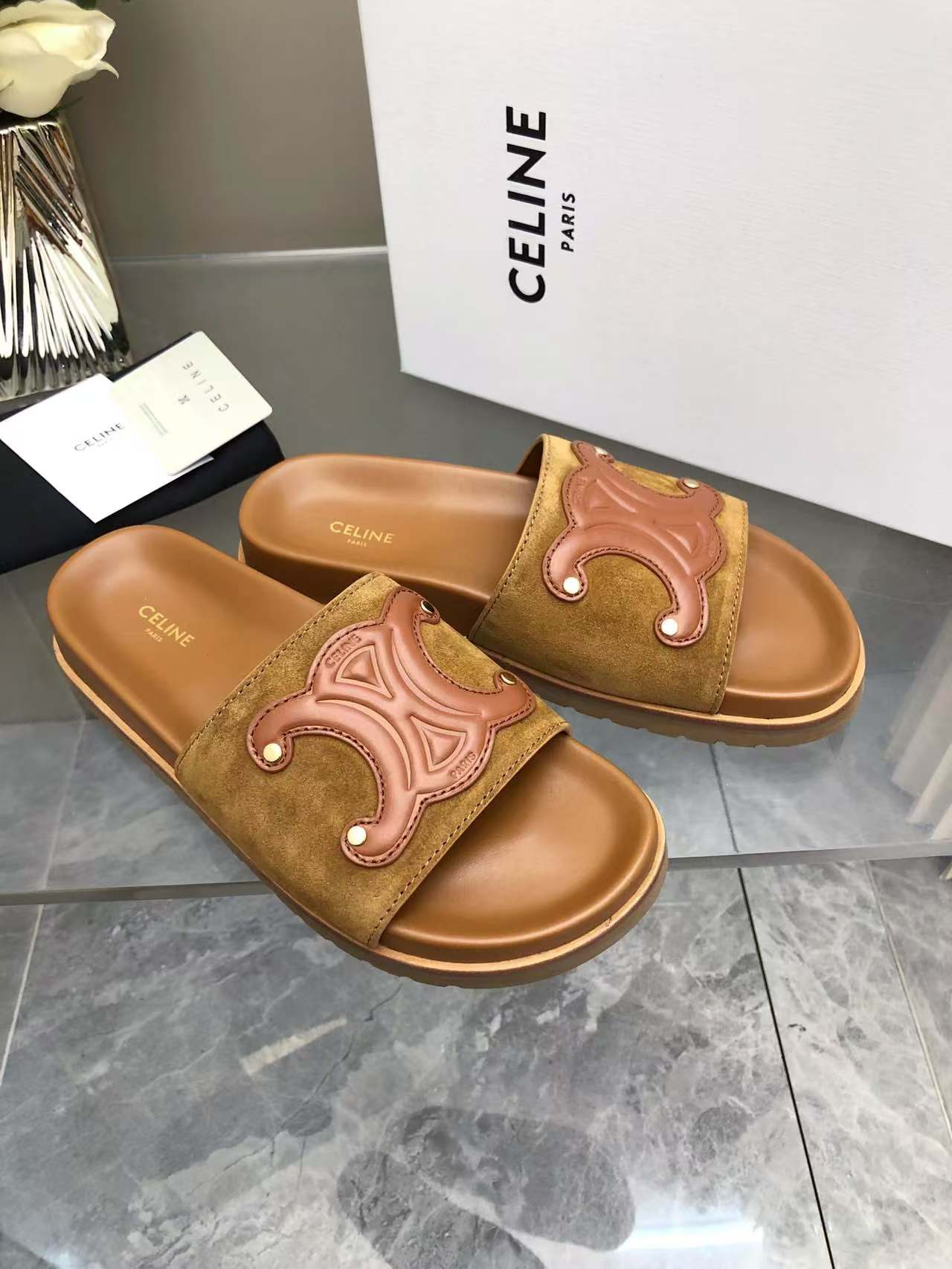 Celine Women's Triomphe Logo Slide Sandals | Luxurious & Comfortable 10 a1746512574530 0736