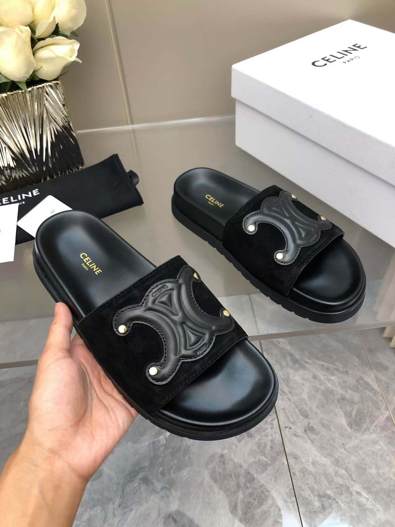Celine Women's Triomphe Logo Leather Sandals Slides Summer Beach Slippers 2 a1746512586304 2122