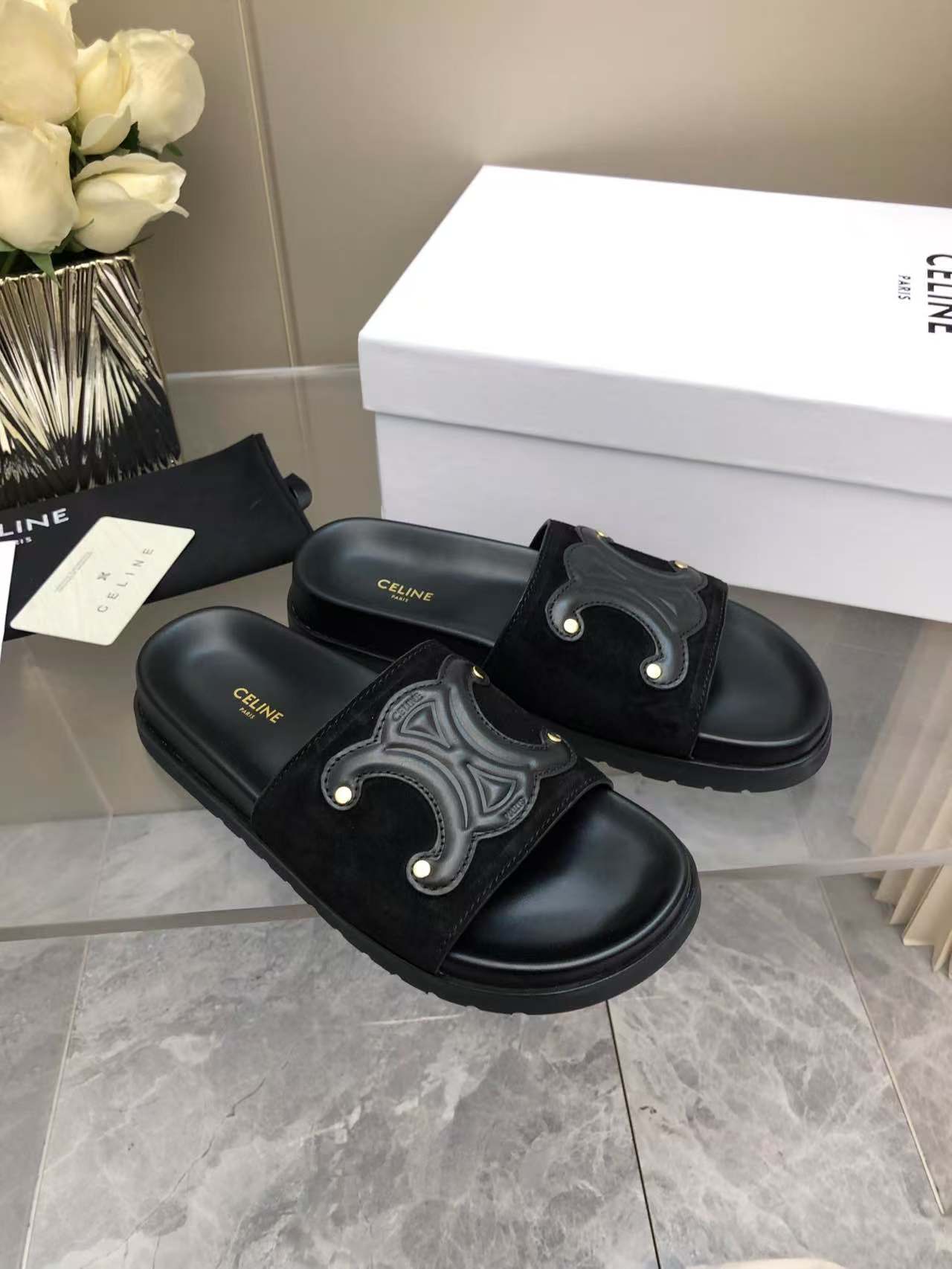 Celine Women's Triomphe Logo Leather Sandals Slides Summer Beach Slippers 3 a1746512586324 8683