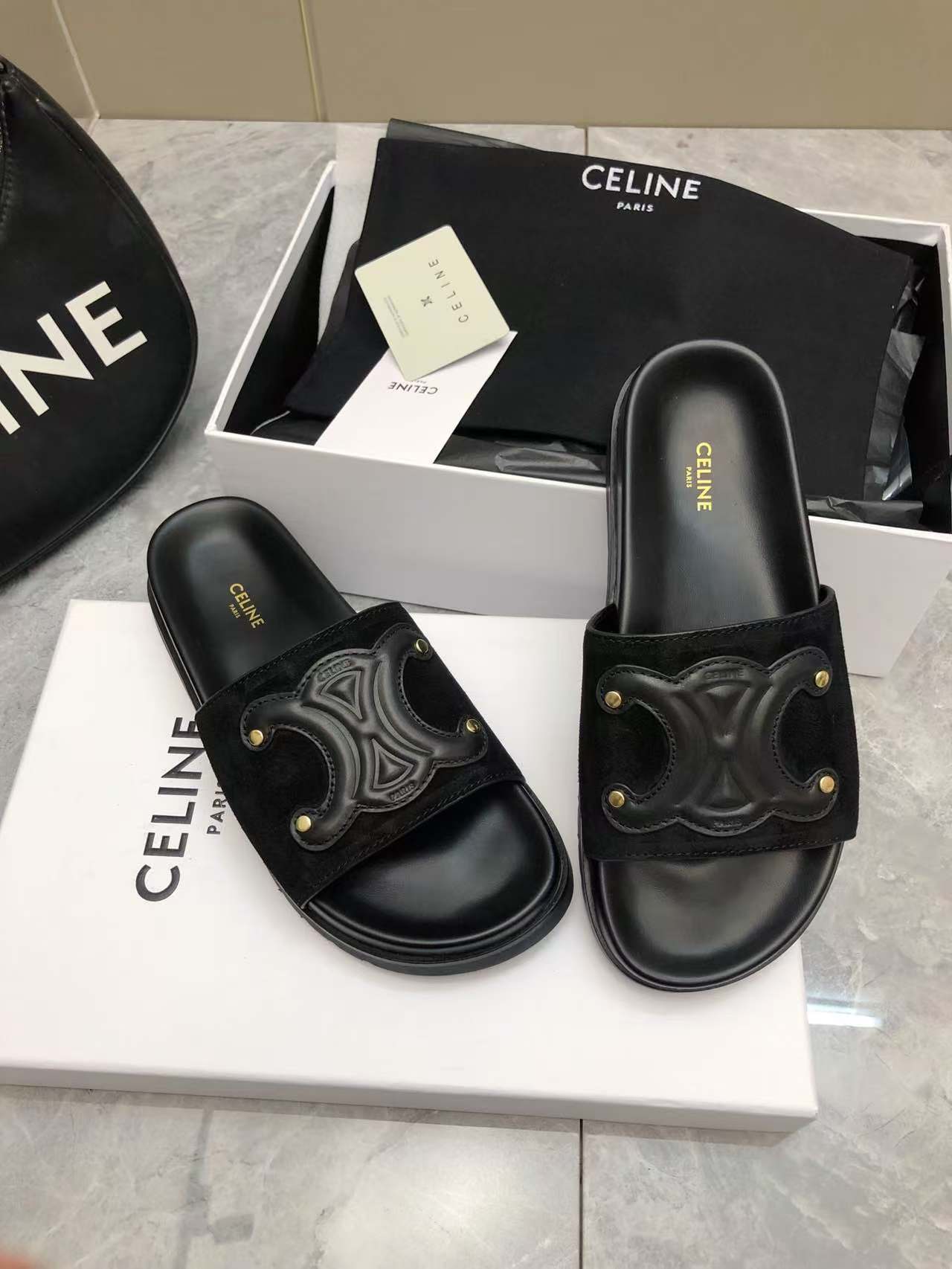 Celine Women's Triomphe Logo Leather Sandals Slides Summer Beach Slippers 7 a1746512592319 5461