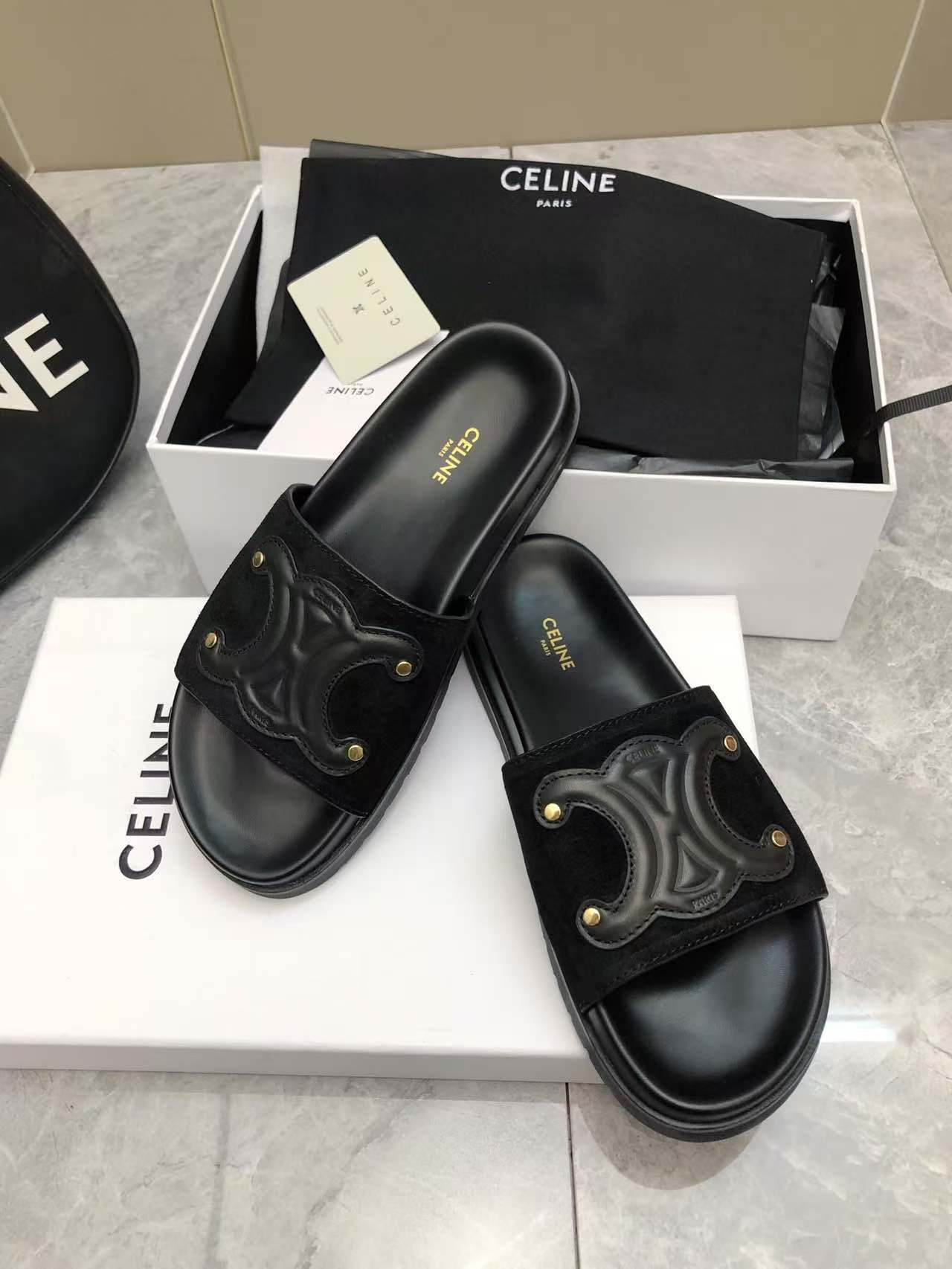 Celine Women's Triomphe Logo Leather Sandals Slides Summer Beach Slippers 10 a1746512592323 0651