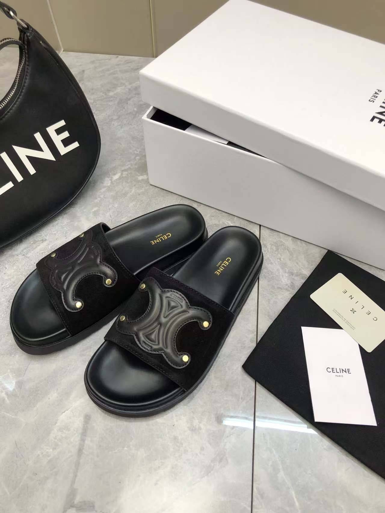 Celine Women's Triomphe Logo Leather Sandals Slides Summer Beach Slippers 8 a1746512592325 4250