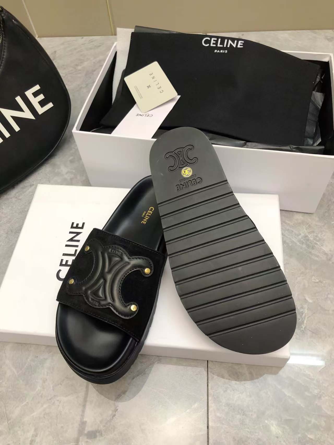 Celine Women's Triomphe Logo Leather Sandals Slides Summer Beach Slippers 9 a1746512592327 0388