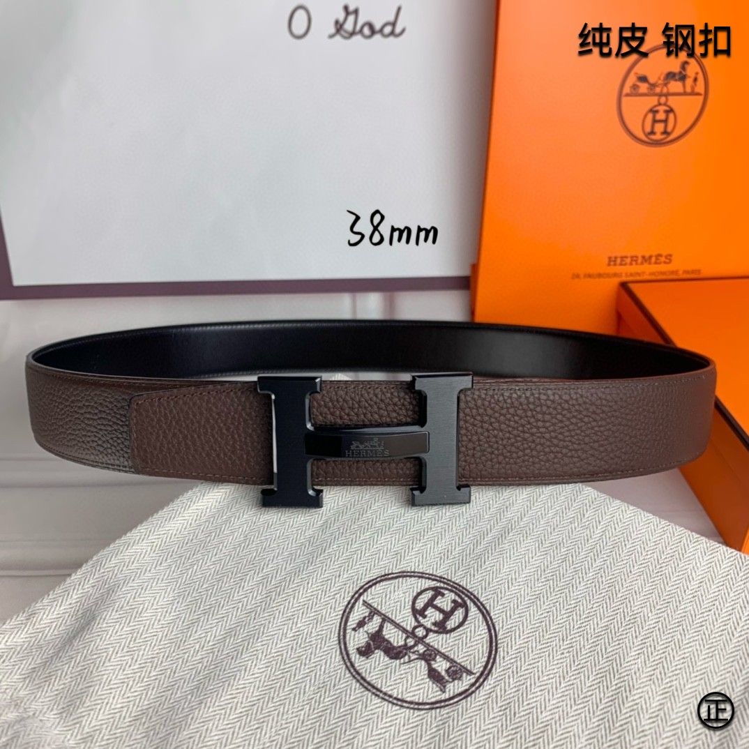 Hermès[正]爱马仕双面原版原单品质进口头层牛皮寸半38mm配官网H马拉车镶嵌款拉丝黑扣