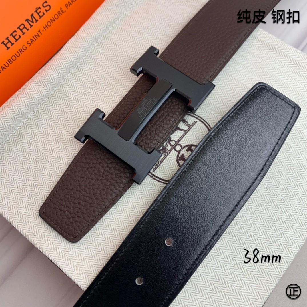 Hermès[正]爱马仕双面原版原单品质进口头层牛皮寸半38mm配官网H马拉车镶嵌款拉丝黑扣