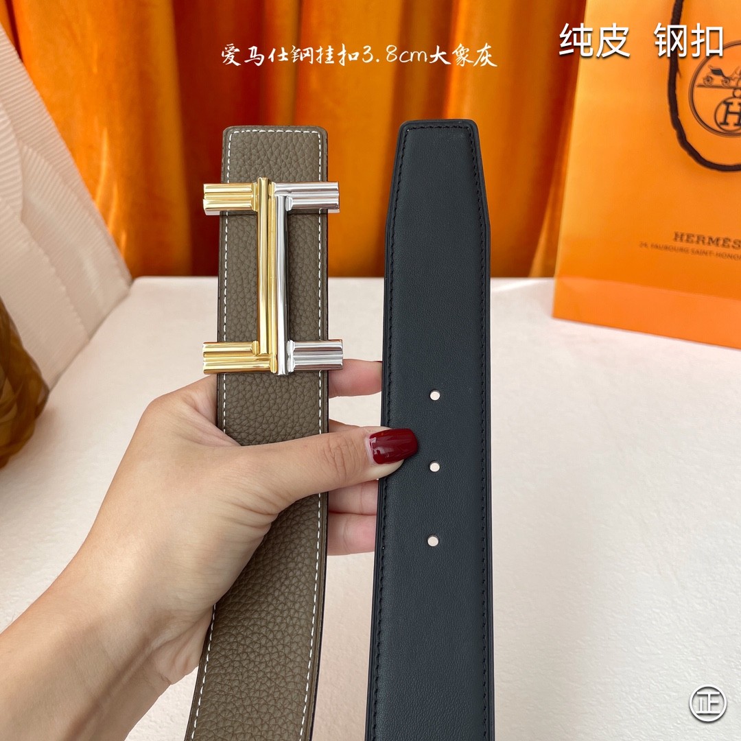 HERMES原单3.8cm进口原版皮双面可两面用精品电镀五金！