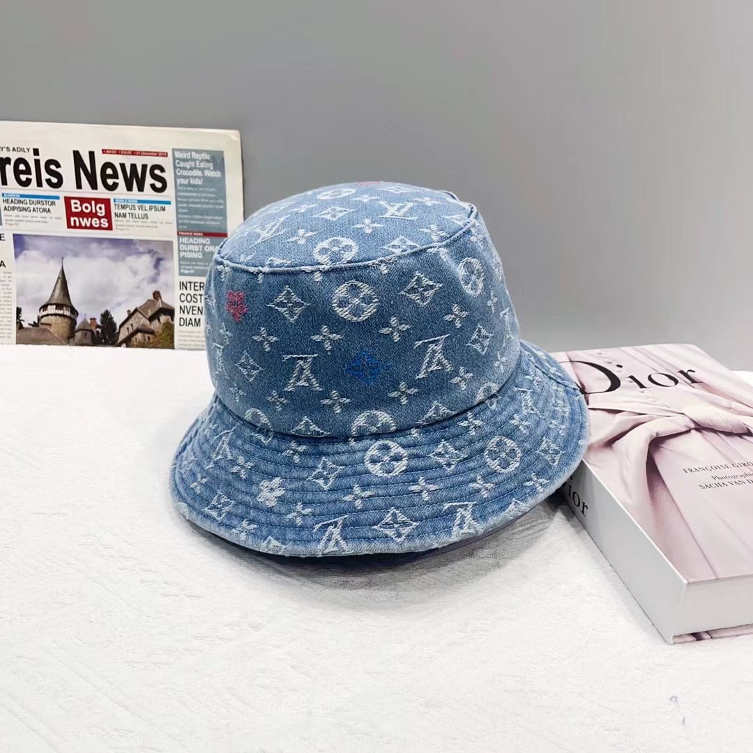 Venta rápida: nuevo sombrero de pescador de LV, sombrero de pescador de mezclilla con logo completo, azul oscuro y azul…