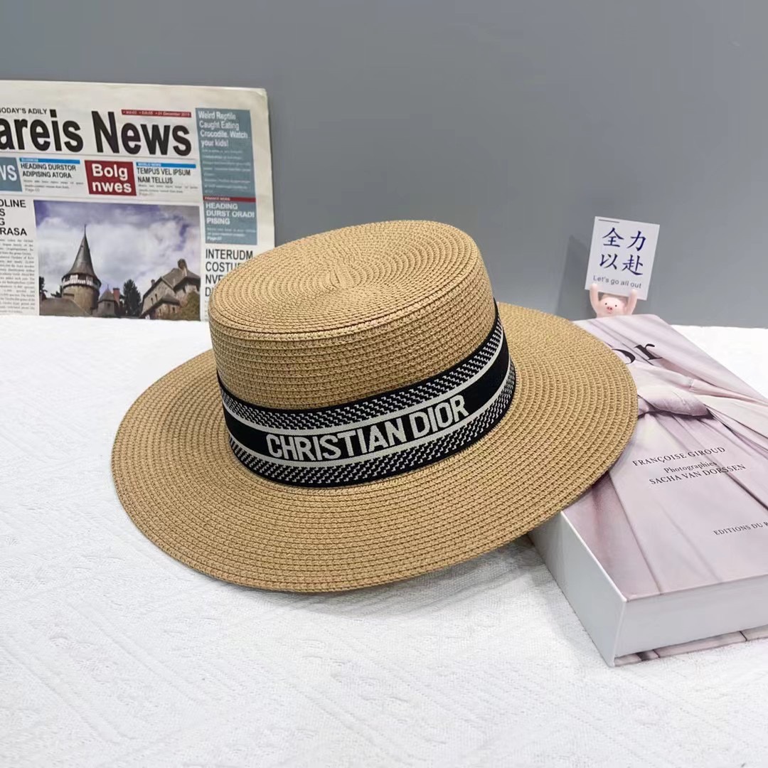 Sombrero de copa plana Dior de paja PP, primavera/verano, con decoración de colores, bonito y elegante, ligero y cómodo…