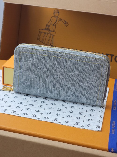 Louis Vuitton Zippy Denim Wallet, Monogrammed, Zip Around Closure, Gray