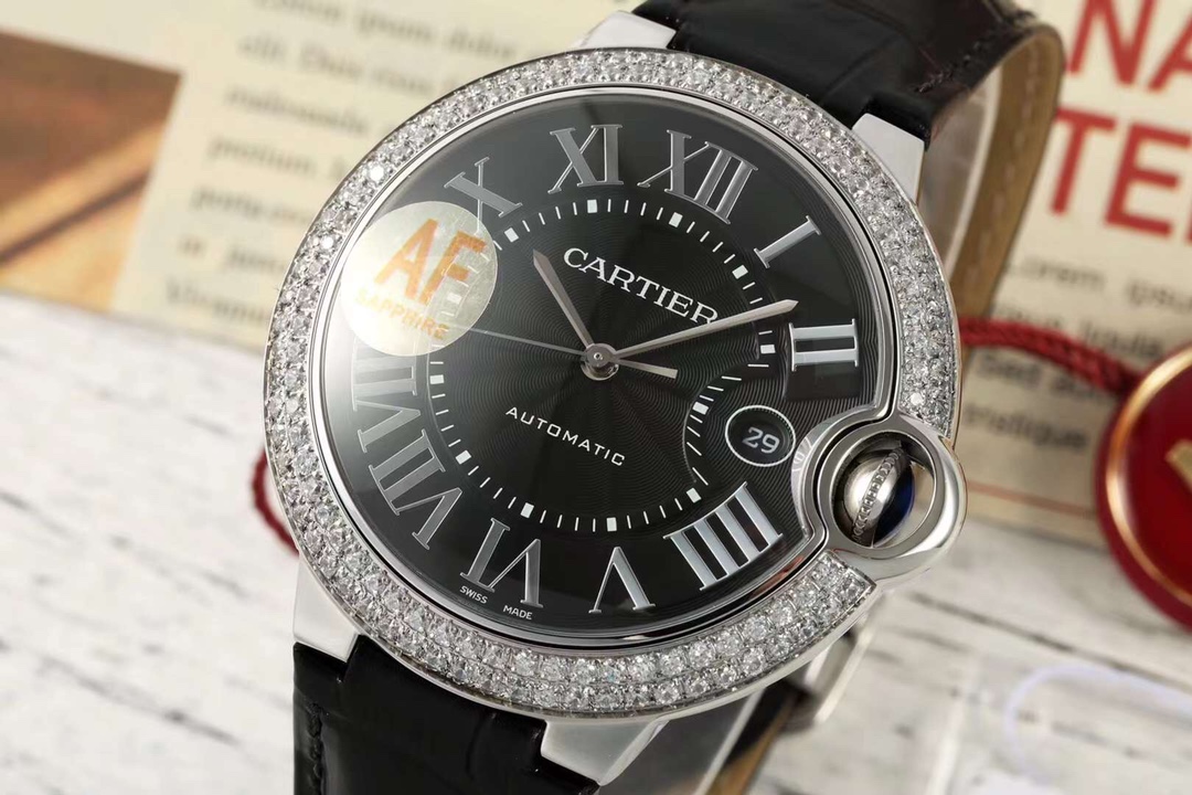 Cartier Ballon Bleu 42mm Diamond Bezel Black Dial Leather Strap Watch