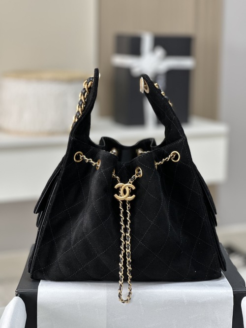 Chanel 25S Drawstring Bucket Hobo Bag Small Suede Black 1 Chanel 25S Drawstring Bucket Hobo Bag Small Suede Black