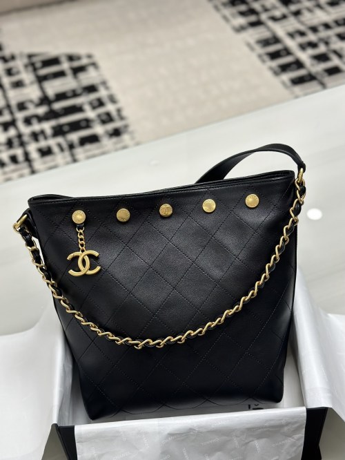 Chanel 25P Black Leather Bucket Bag with Gold Rivets & Chain Accent 1 Chanel 25P Black Leather Bucket Bag with Gold Rivets & Chain Accent