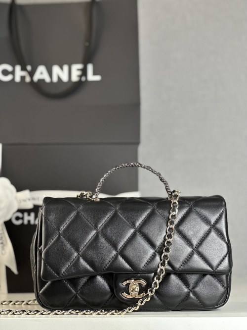 Chanel 25P Handle CF Large Mini Flap Bag, Black Lambskin with Silver Hardware 1 Chanel 25P Handle CF Large Mini Flap Bag, Black Lambskin with Silver Hardware