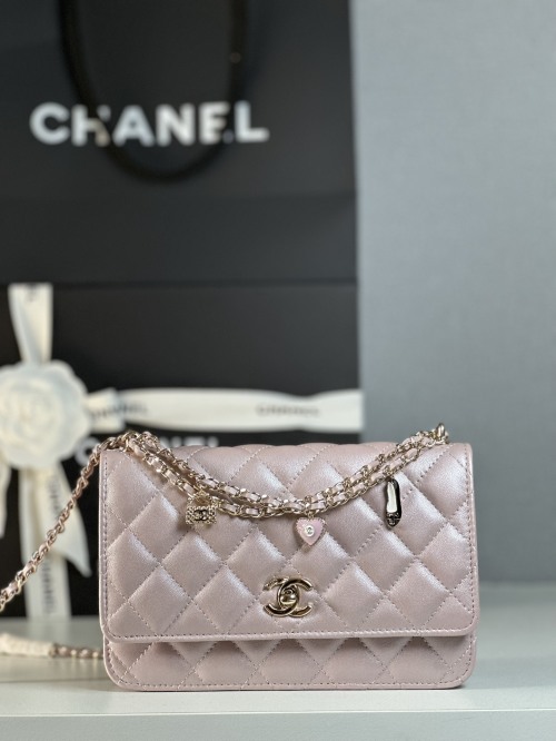 Chanel 25P Pearl Pink Lambskin Wallet On Chain with Charms, 19 cm 1 Chanel 25P Pearl Pink Lambskin Wallet On Chain with Charms, 19 cm