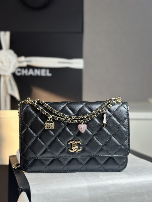 Chanel Black Pearl Lambskin Wallet on Chain with Charms 1 Chanel Black Pearl Lambskin Wallet on Chain with Charms