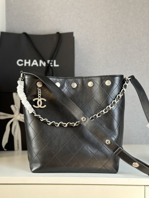 Chanel 25P Black Leather Bucket Bag with Silver Rivets & Chain 1 Chanel 25P Black Leather Bucket Bag with Silver Rivets & Chain