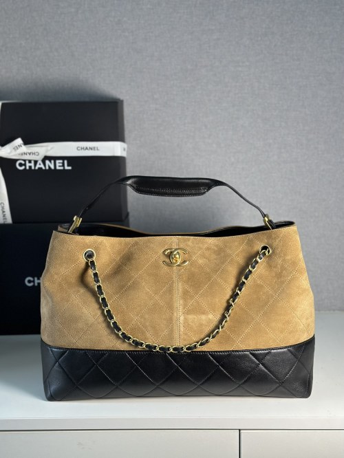 Chanel 25A Brown Suede Large Bag Quilted Design with Double C Logo 1 Chanel 25A Brown Suede Large Bag Quilted Design with Double C Logo